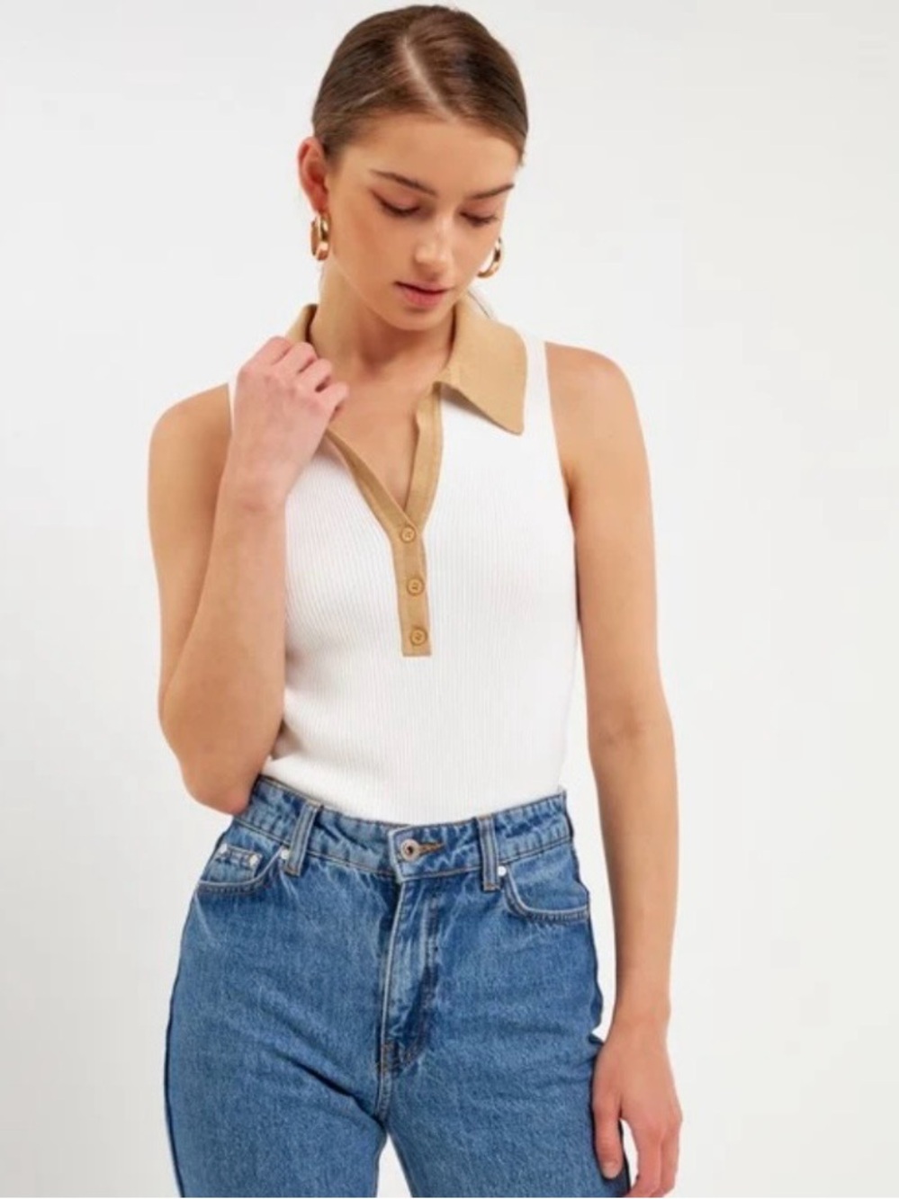 GREY LAB White Ribbed Sleeveless Polo Tank with Tan Trim